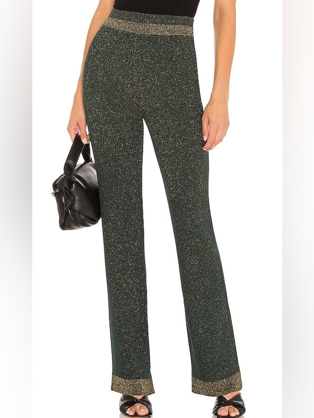 NWT SUBOO Leah Knit Pant Olive Metallic Gold Lurex Wide Leg Pants Small